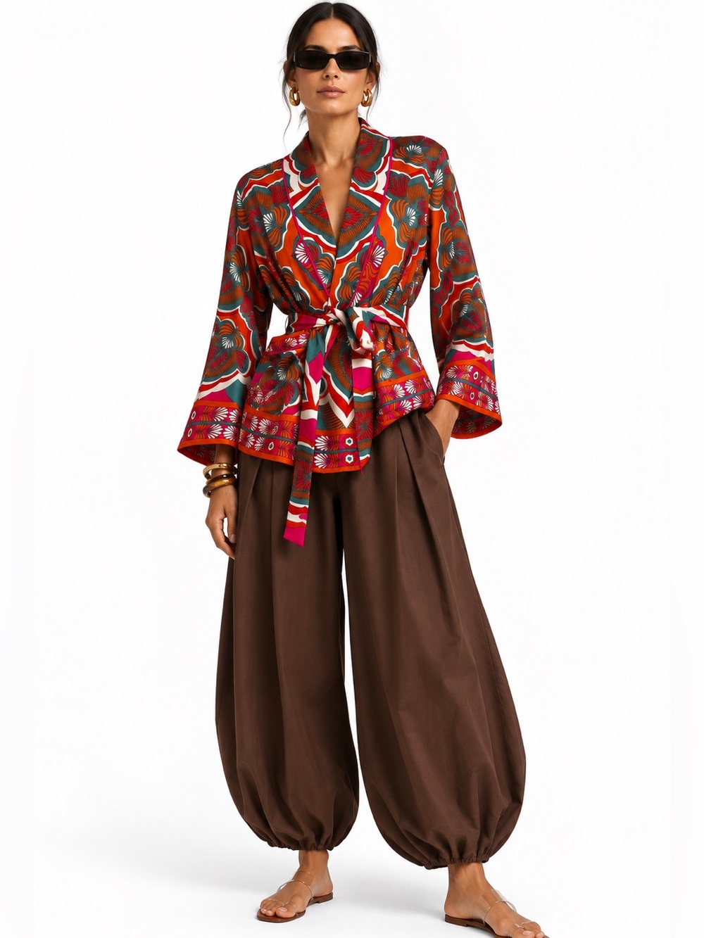 Zara - Woman’s Printed Tie-Waist Jacket, Bright Floral Geometric, Satin-Feel.